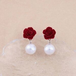 Vintage Floral Dangle Earrings - Exquisite Red Velvet, Faux Pearl Accents